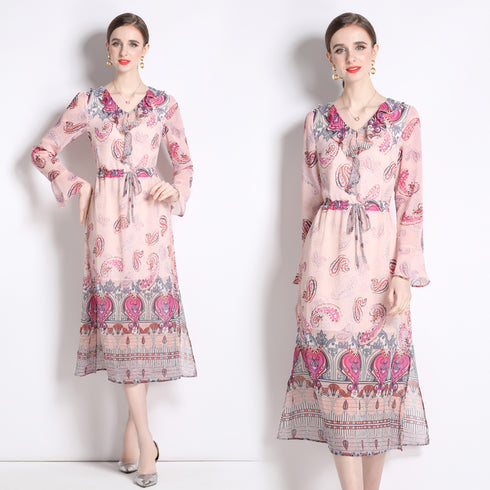 Elegantly Gorgeous French Style Ruffled V-Neck, Women's Elegant Pink Floral, Long Sleeve Office, Holiday, Party Dress